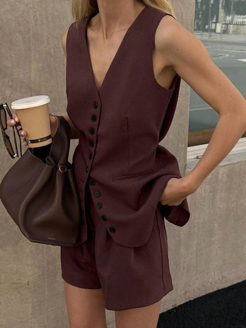 'Velvetvine' V-Neck Top and Shorts Set - Celes Fashion